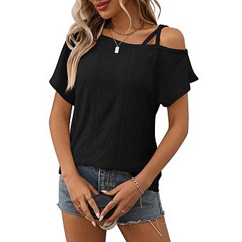 Women's Tops Short Sleeve Cold Shoulder T Shirt Summer hollow out Tee Solid Loose Casual Blouse