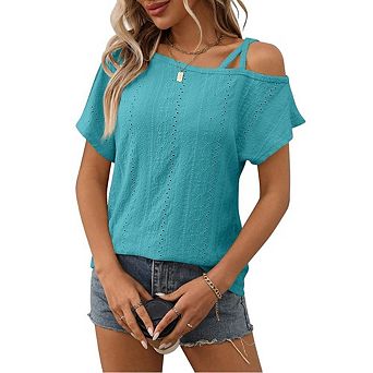 Women's Tops Short Sleeve Cold Shoulder T Shirt Summer hollow out Tee Solid Loose Casual Blouse