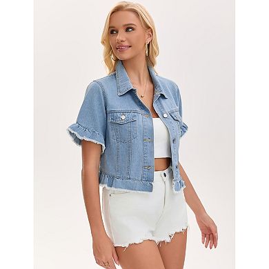 Women's Short Sleeve Denim Jacket Button Down Lightweight Ruffle Jean Jacket