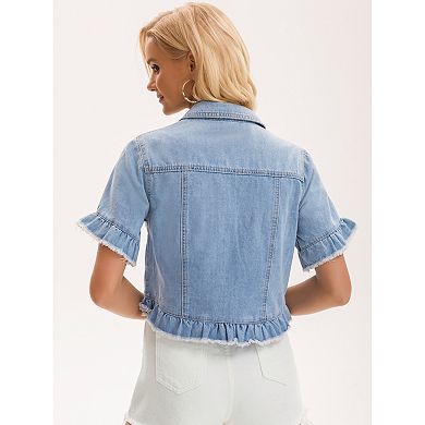 Women's Short Sleeve Denim Jacket Button Down Lightweight Ruffle Jean Jacket