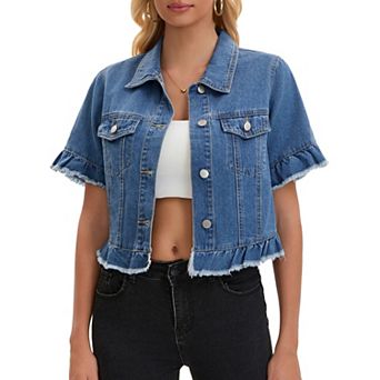 Women's Short Sleeve Denim Jacket Button Down Lightweight Ruffle Jean Jacket