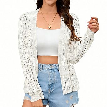 Women's Relaxed Fit Ruffle Hem Hollow Out Cropped Cardigan Breathable Long Sleeve Everyday Top