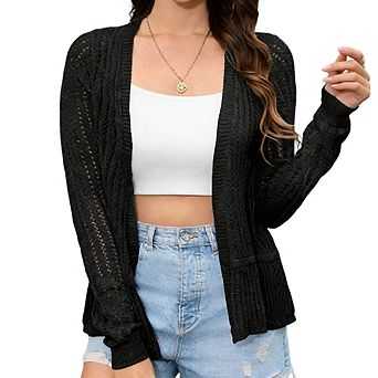 Women's Relaxed Fit Ruffle Hem Hollow Out Cropped Cardigan Breathable Long Sleeve Everyday Top
