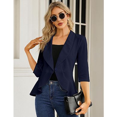 Women's Casual Blazer 3/4 Sleeve Open Front Ruffle Work Office Suit Jacket