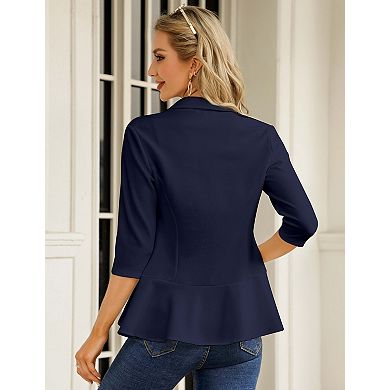 Women's Casual Blazer 3/4 Sleeve Open Front Ruffle Work Office Suit Jacket
