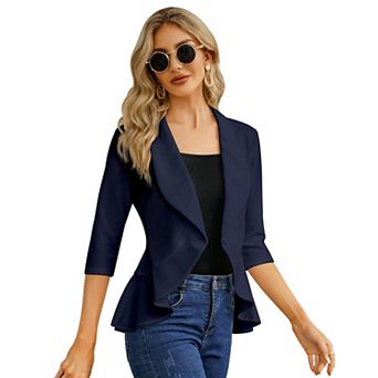 Women's Casual Blazer 3/4 Sleeve Open Front Ruffle Work Office Suit Jacket