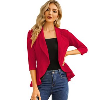 Women's Casual Blazer 3/4 Sleeve Open Front Ruffle Work Office Suit Jacket