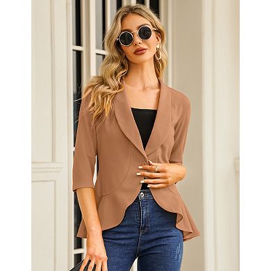 Women's Casual Blazer 3/4 Sleeve Open Front Ruffle Work Office Suit Jacket