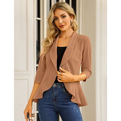 Women's Casual Blazer 3/4 Sleeve Open Front Ruffle Work Office Suit Jacket