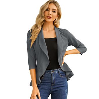 Women's Casual Blazer 3/4 Sleeve Open Front Ruffle Work Office Suit Jacket
