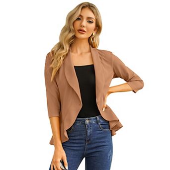 Women's Casual Blazer 3/4 Sleeve Open Front Ruffle Work Office Suit Jacket