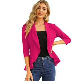 Women's Casual Blazer 3/4 Sleeve Open Front Ruffle Work Office Suit Jacket