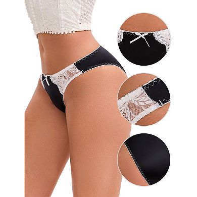 Women's Lace Trim Satin Elastic Low-Waisted Briefs Traceless Comfortable Breathable Hipsters