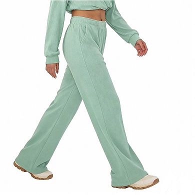 Women's Waffle Knit Wide Leg Pants, High Waisted Casual Lounge Pants with Pockets