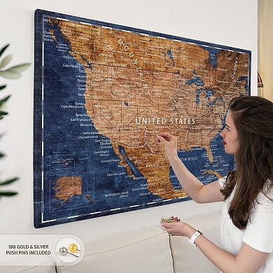 Brown And Blue Push Pin USA Map