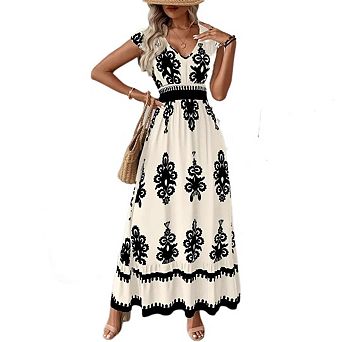 Women V Neck Vacation Sundress Boho Cap Sleeve Wrap Dress Empire Waist Maxi Dresses
