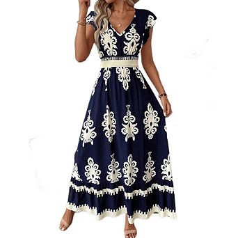 Women V Neck Vacation Sundress Boho Cap Sleeve Wrap Dress Empire Waist Maxi Dresses