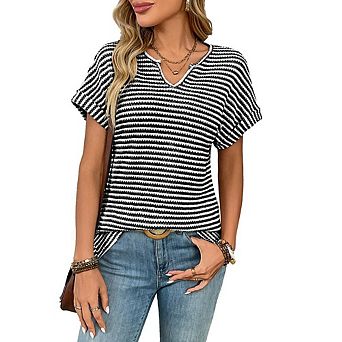 Women's Summer Fashion V-Neck Short Sleeve Loose Striped Casual Pullover T-Shirt Versatile Knit Top