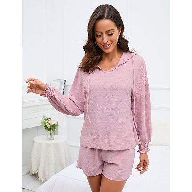 Women's V-Neck Cut Flower Hooded Set Long Sleeve Top and Shorts