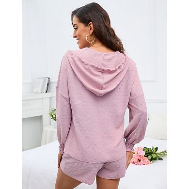 Women's V-Neck Cut Flower Hooded Set Long Sleeve Top and Shorts