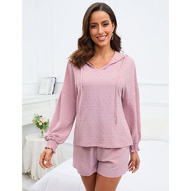 Women's V-Neck Cut Flower Hooded Set Long Sleeve Top and Shorts