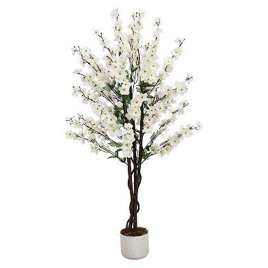 4FT Artificial Wintersweet Tree in Pot, Faux Plum Blossom, White