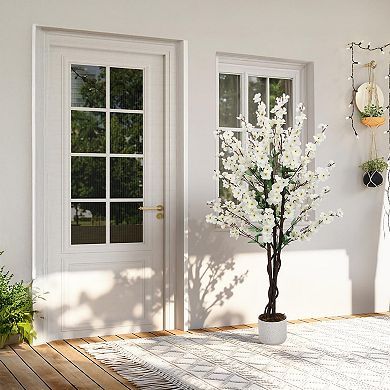 4FT Artificial Wintersweet Tree in Pot, Faux Plum Blossom, White