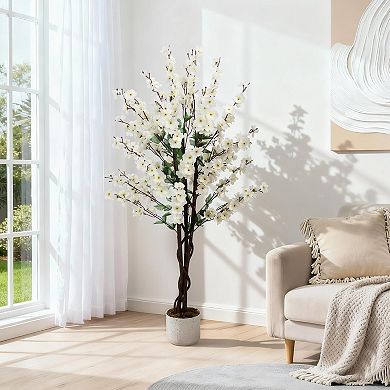 4FT Artificial Wintersweet Tree in Pot, Faux Plum Blossom, White