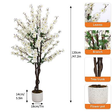 4FT Artificial Wintersweet Tree in Pot, Faux Plum Blossom, White