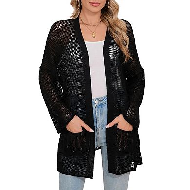 Women's Crochet Cardigan Light Weight Long Sleeve Open Front Hollow Out Thin Cardigan