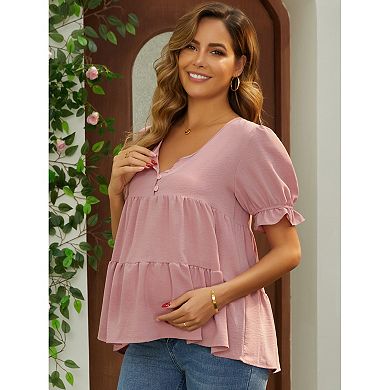 Women's Maternity Blouse Boho Ruffled V Neck Button Short Sleeve Tiered Shirt Flowy Loose Casual Top
