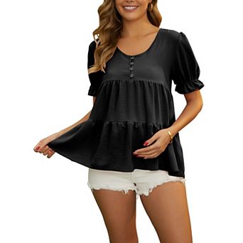 Women's Maternity Blouse Boho Ruffled V Neck Button Short Sleeve Tiered Shirt Flowy Loose Casual Top