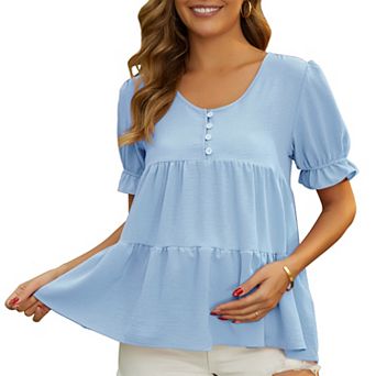 Women's Maternity Blouse Boho Ruffled V Neck Button Short Sleeve Tiered Shirt Flowy Loose Casual Top