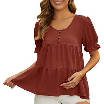 Women's Maternity Blouse Boho Ruffled V Neck Button Short Sleeve Tiered Shirt Flowy Loose Casual Top