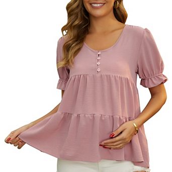 Women's Maternity Blouse Boho Ruffled V Neck Button Short Sleeve Tiered Shirt Flowy Loose Casual Top