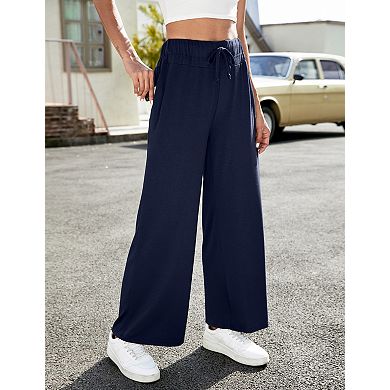 Women's Elastic Waist Wide Leg Sweat Pants with Pockets