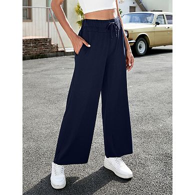Women's Elastic Waist Wide Leg Sweat Pants with Pockets