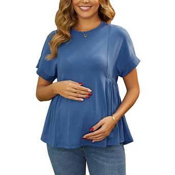 Women's Maternity Babydoll Top Short Sleeves Pleated Waist Pregnancy T Shirt Peplum Casual Blouse