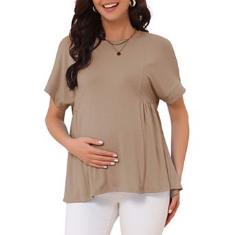 Women's Maternity Babydoll Top Short Sleeves Pleated Waist Pregnancy T Shirt Peplum Casual Blouse