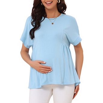 Women's Maternity Babydoll Top Short Sleeves Pleated Waist Pregnancy T Shirt Peplum Casual Blouse
