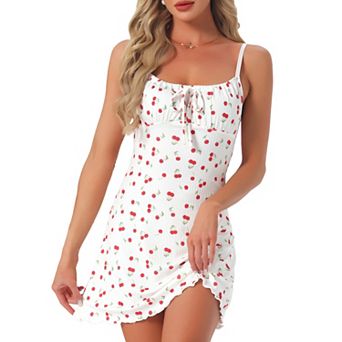 Women's Pajama Dress Ribbed Print Bow Ruffle Hem Sleeveless Chemise Camisole Mini Babydoll Nightgown