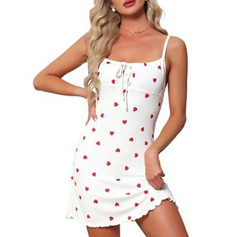 Women's Pajama Dress Ribbed Print Bow Ruffle Hem Sleeveless Chemise Camisole Mini Babydoll Nightgown