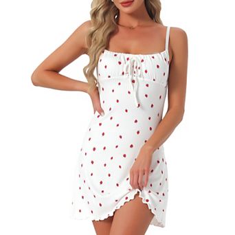 Women's Pajama Dress Ribbed Print Bow Ruffle Hem Sleeveless Chemise Camisole Mini Babydoll Nightgown