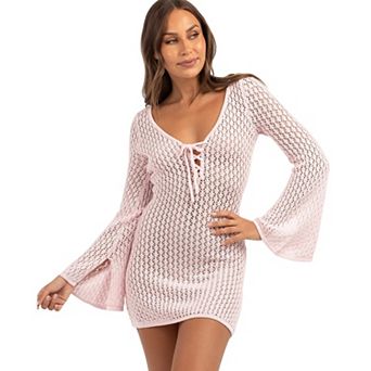 Women's Knit Hollowed Out Beach Cover Up Mini Dress Long Sleeve Drawstring V Neck Bikini Cover Up