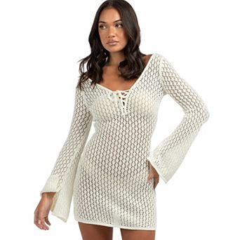 Women's Knit Hollowed Out Beach Cover Up Mini Dress Long Sleeve Drawstring V Neck Bikini Cover Up