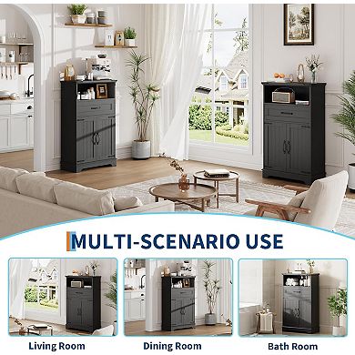 Farmhouse White Storage Cabinet with Doors and Drawers , Freestanding Bathroom Cabinet for Laundry