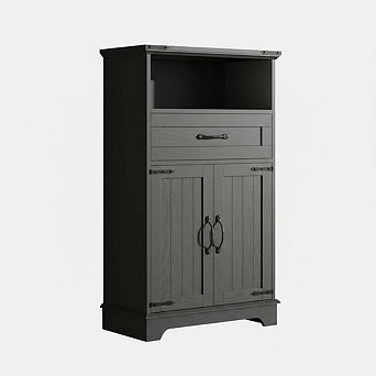 Farmhouse White Storage Cabinet with Doors and Drawers , Freestanding Bathroom Cabinet for Laundry