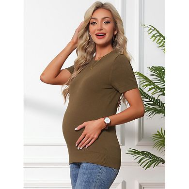Women's Maternity Top Stretchy Knit Sweater Short Sleeve Summer Pregnancy Round Neck Blouse