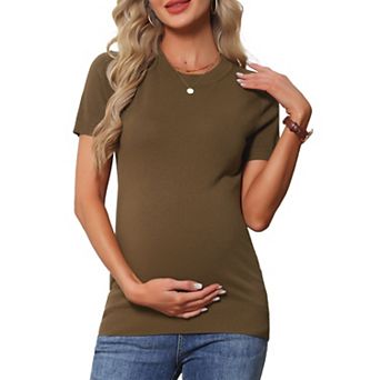 Women's Maternity Top Stretchy Knit Sweater Short Sleeve Summer Pregnancy Round Neck Blouse