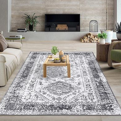 Medallion Area Rug Non Slip Foldable Low Pile Pet Friendly Floor Cover for Living Room Kitchen
